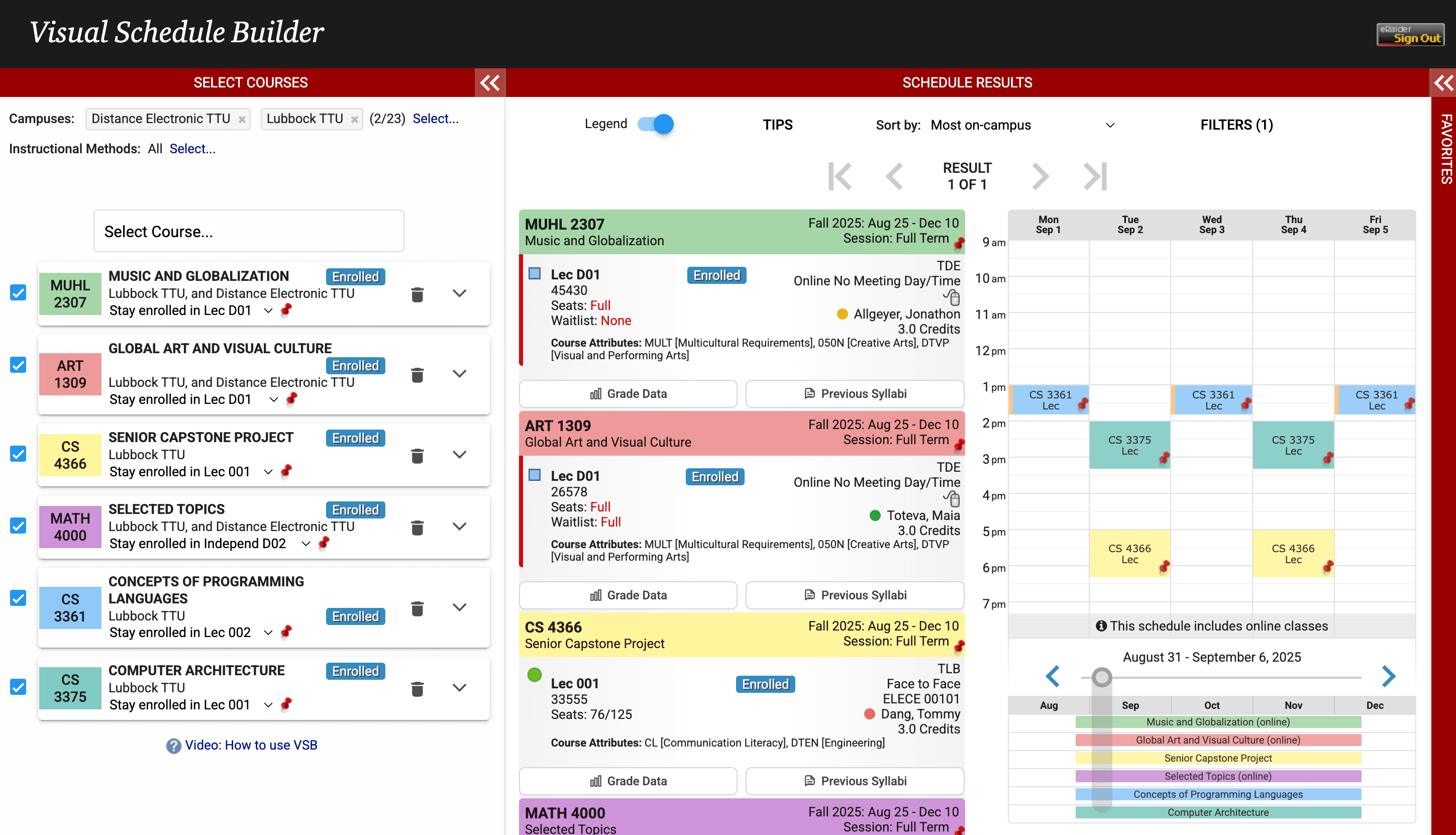 GradeRaider Interface integrated with Texas Tech Schedule Builder